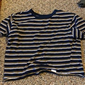 Blue, yellow and white striped short sleeve shirt